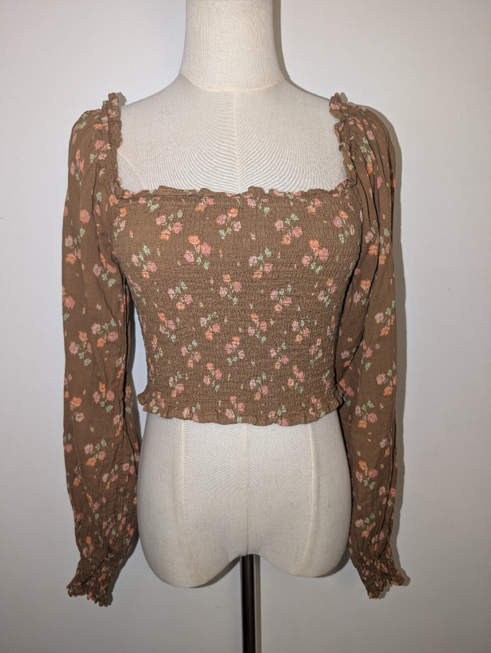aerie Brown Floral Smocked Square-Neck long Sleeve Crop Top